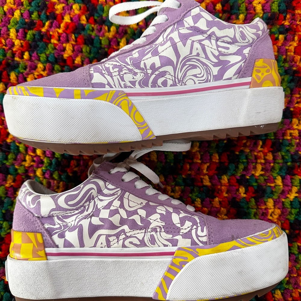 🦄Vans Purple and White Swirly Trippy Chekered Stackform Platform Sneakers🦄